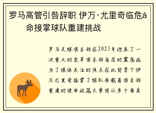 罗马高管引咎辞职 伊万·尤里奇临危受命接掌球队重建挑战 罗马高管引咎辞职 伊万·尤里奇临危受命接掌球队重建挑战