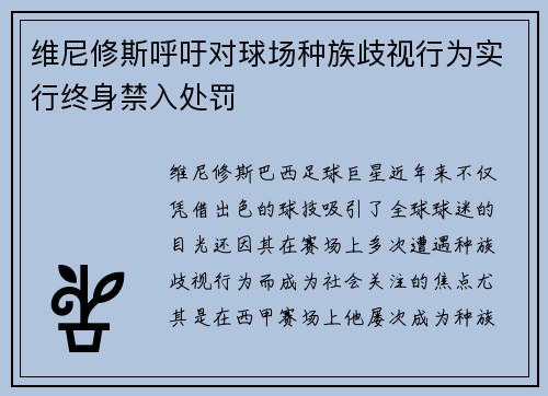 维尼修斯呼吁对球场种族歧视行为实行终身禁入处罚 维尼修斯呼吁对球场种族歧视行为实行终身禁入处罚