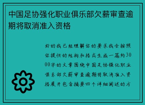 中国足协强化职业俱乐部欠薪审查逾期将取消准入资格 中国足协强化职业俱乐部欠薪审查逾期将取消准入资格